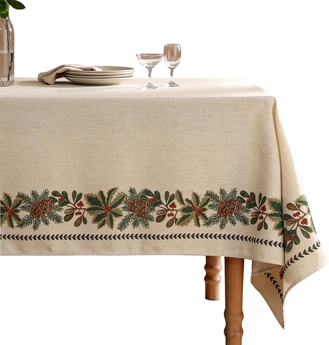 ISAENNE Designer Christmas Linen Rectangular Tablecloth,Light Beige Western Elegant Table Cloth,Wrinkle Resistant Decor Tablecloths for Dining Thanksgiving Kitchen Christmas,55"*87"-Carol G