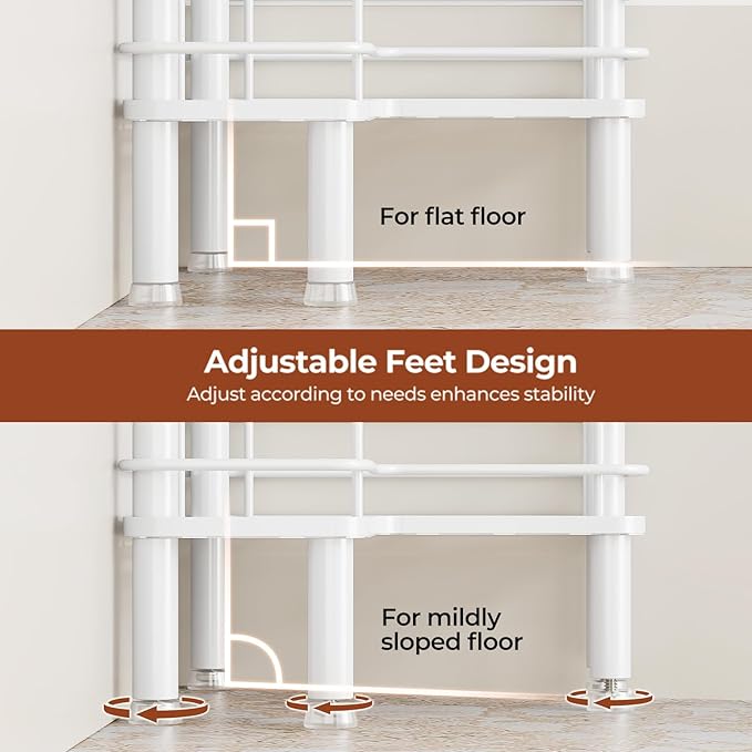 Orimade Rustproof 2 Tier Floor Standing Corner Shower Caddy Organizer with Toothbrush Holder, Large Spacing Floor Shower Shelf Rack Storage Stands with Hooks for Bathroom Kitchen, White