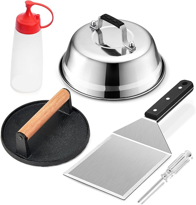 Griddle Accessories Smash Burger Kit (5Pcs), Joyfair Grill Spatula with 9in Melting Dome & Bacon Press Set, Stainless Steel Turner, Basting Cover, Cast Iron Press for Outdoor BBQ (ABS Handle)