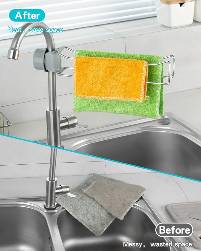 Kitchen Sink Towel Holder, Stainless Steel Dish Cloth Rack, Adjustable Faucet Mount Drying Hanger for Dishrag, Gloves, Gray