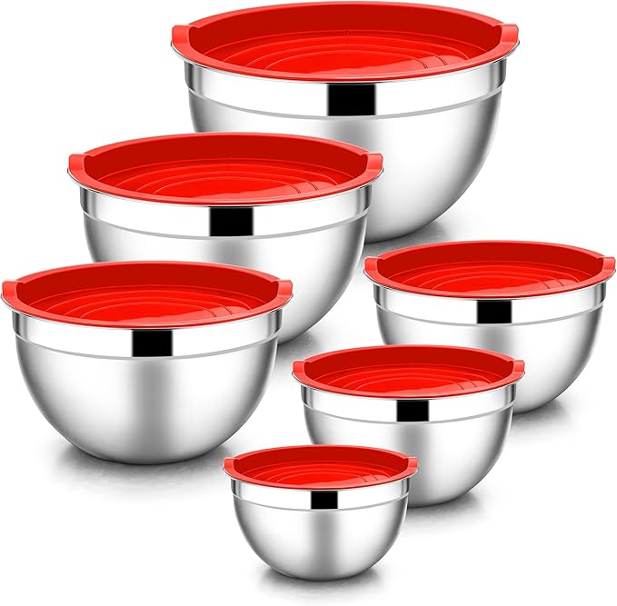 E-far Mixing Bowls with Lids, 12-Piece Stainless Steel Salad Bowls Metal Nesting Bowls for Baking Cooking and Prepping, Airtight Lids & Stackable Design, Size 7, 4.5, 3, 1.5, 1.2, 0.7 QT (Red)