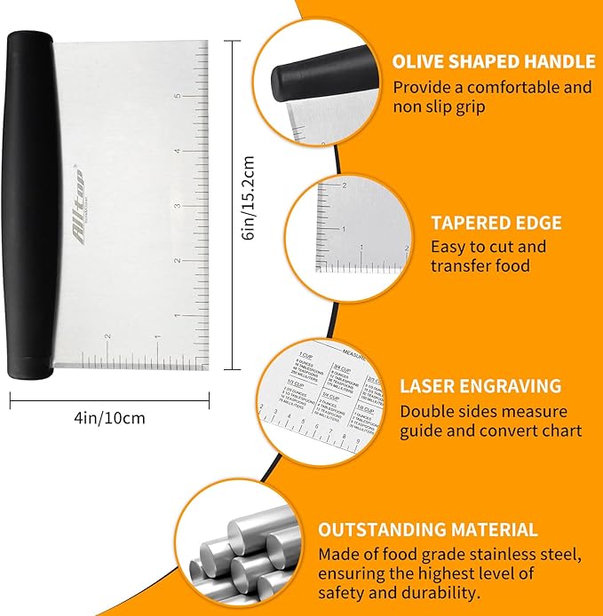 ALLTOP Bench Scraper & Chopper - Baking Essentials,Stainless Steel Blade Knife,Ideal Kitchen Tool for Home Baking and Meal Prep, Bread Making, Pasta,Pastry,Dough and Cake - Set of 2 Pack