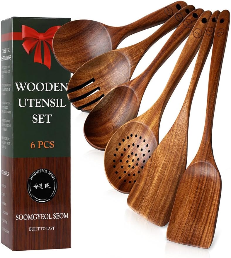 Natural Teak Wood Kitchen Utensil Set - 6 Piece Non-Stick Cooking Spoons & Spatulas, Heat Resistant & Eco-Friendly, Durable Wooden Tools for Nonstick Cookware