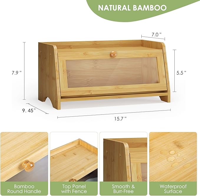 JANSNIMEN Bread Box for Kitchen Countertop, Large Bread Container Storage, Wooden Farmhouse Bread Box with Window Bread Holder (Natural Bamboo)