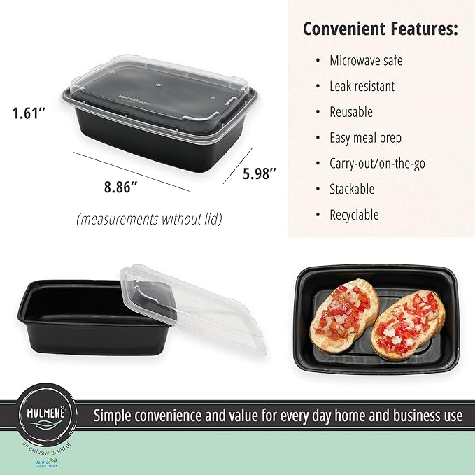 MULMEHË Plastic Food Storage Take-Out Container and Lid Combo, 28 oz, Microwaveable, Rectangular, Black, 8.5x6x1.5, Set of 150