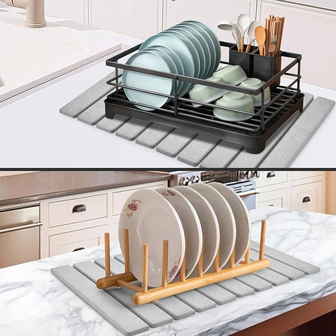 Large Stone Dish Drying Mat for Kitchen Counter – 24"(L)×16 (W) Foldable Absorbent Diatomaceous Earth Dish Drying Mats, Grey Kitchen Counter Mats for Dishes Bottles Cups, Match Any Countertop