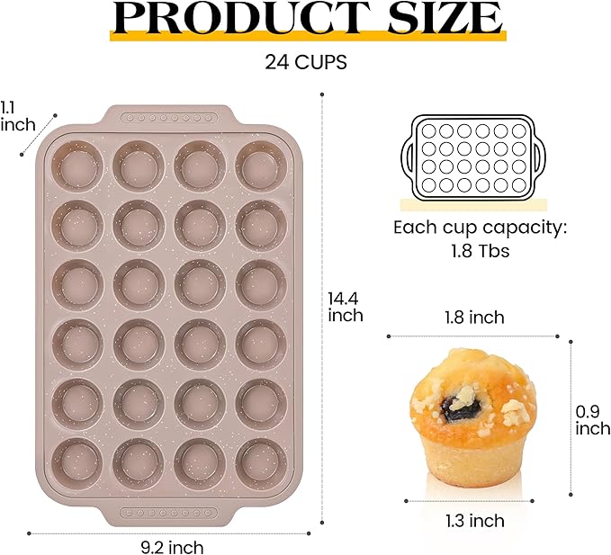 1 Pc Silicone Muffin Pans for Baking with Metal Reinforced Frame, Nonstick Cupcake Tray for Oven, 24 Cups Mini Size Silicone Molds for Egg Bites, Dishwasher Safe (Brown)