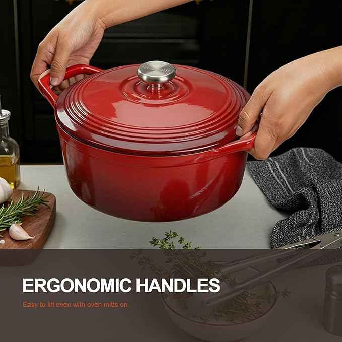 Overmont Refined Enameled Cast Iron Dutch Oven - 5.5QT Pot with Wide Handles Lid Cookbook & Cotton Potholders - Heavy-Duty Pre-Seasoned Cookware Oven Safe to 500°F for Braising, Stews, Roasting, Bread Baking