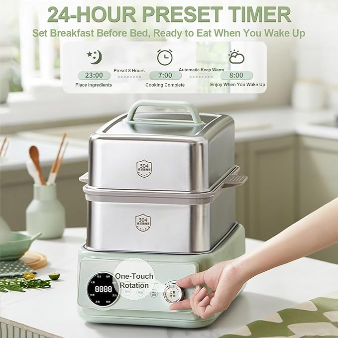 13.6Qt 2-Tier Electric Food Steamer, 8 Modes, Dry Protection, 24h Reservation and Timer, 4-8 Servings, Stainless Steel Electric Steamer for Vegetable Seafood (Green)