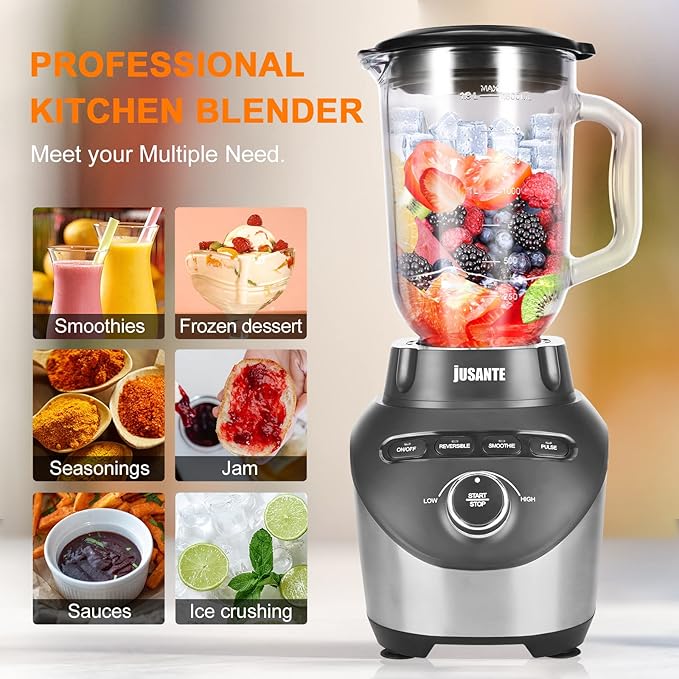 JUSANTE Blender with 64 oz Glass Jar - 1200W High Speed Juicer Blender for Smoothies, Shakes & Frozen Drinks (Black)