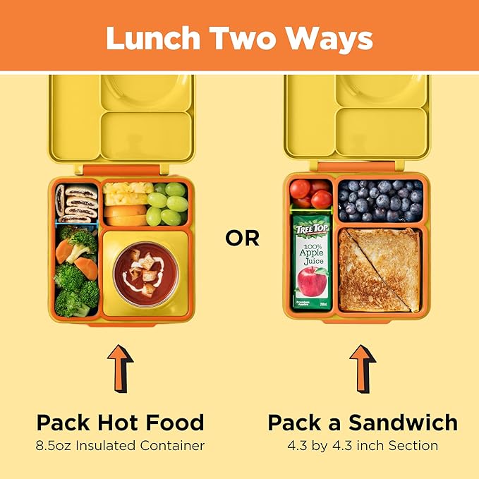 OmieBox Bento Box for Kids - Insulated Bento Lunch Box with Leak Proof Vacuum Insulated Food Jar - 3 Compartments, Two Temperature Zones (Sunshine)
