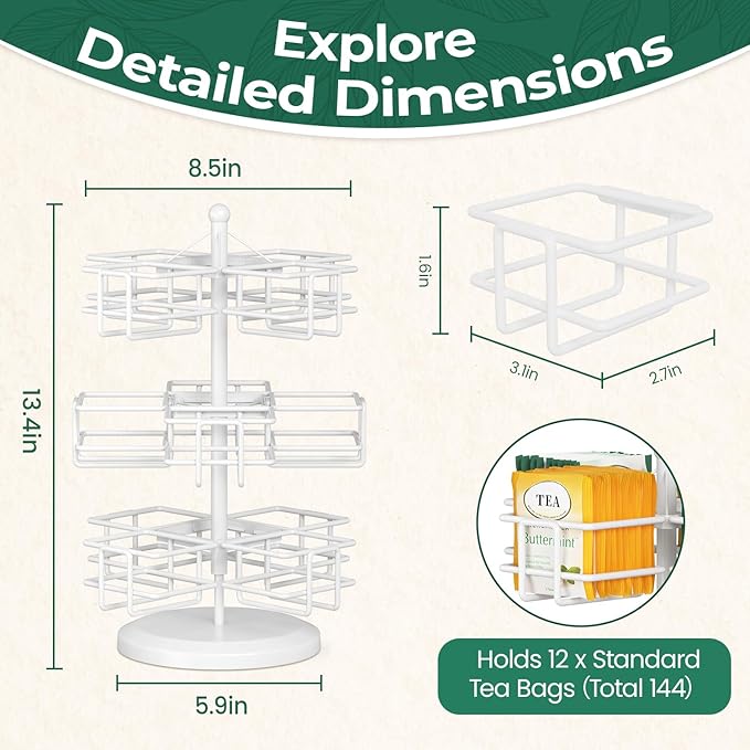 EsLuker.ly Tea Bag Holder Organizer for Counter 3 Tier Metal Tea Bag Storage Rack, Spinning Carousel Tea Packet Display Stand, Tea Organizer Station with Easy Access for Kitchen Office, White