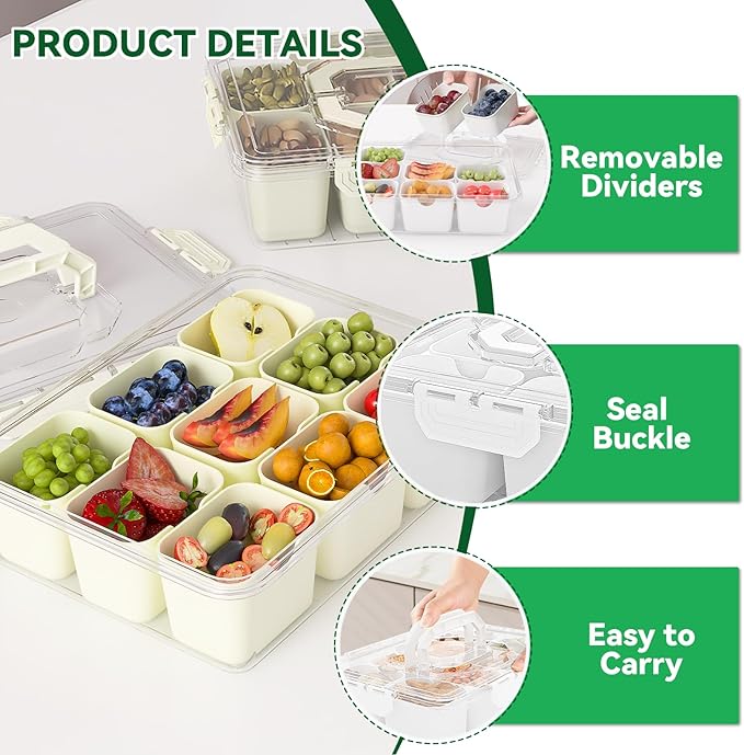 REBECAT Divided Serving Tray with Lid and Handles 9 Compartments Snack Box Container Charcuterie Organizer Snackle Box Container for Candy,Nuts，Fruits,Snacks,2 Pack,Beige