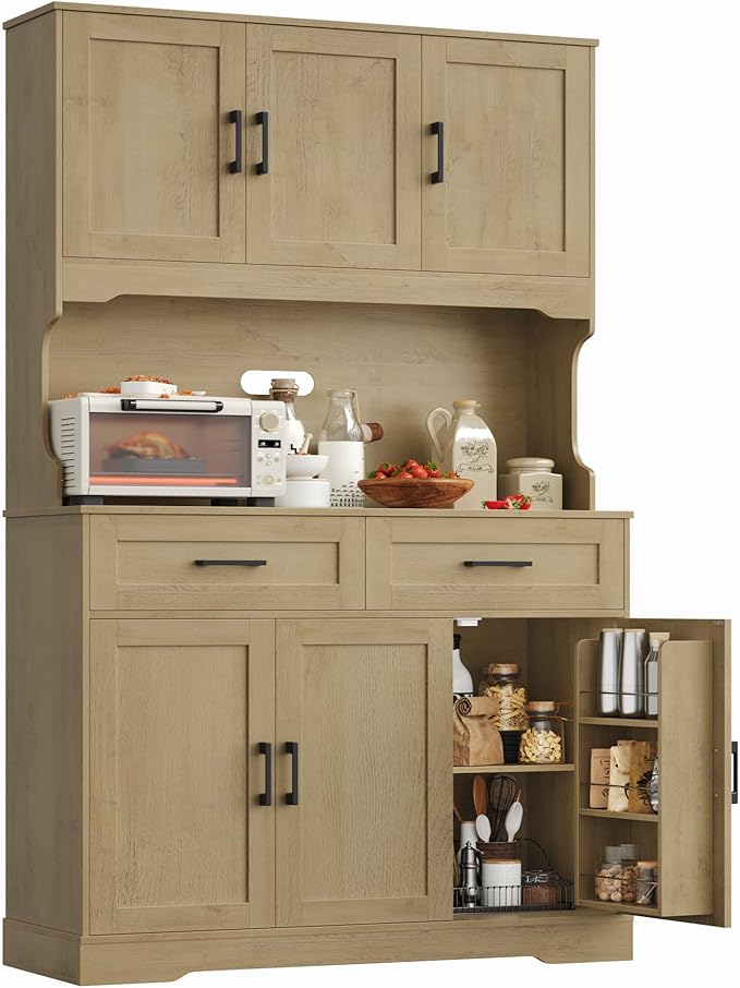 FACBOTALL Tall Kitchen Pantry Cabinet, Farmhouse Food Pantry Cabinet with Doors and Adjustable Shelves, Kitchen Hutch with Countertop and Microwave Stand for Dining Room, Living Room, Oak Color