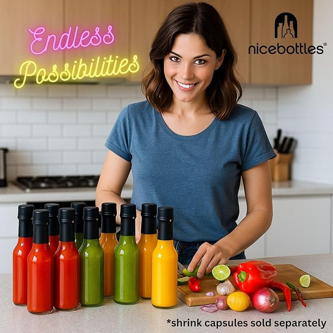 nicebottles Hot Sauce Bottles with Black Caps & Shrink Bands, 5 Oz - 48 Pack
