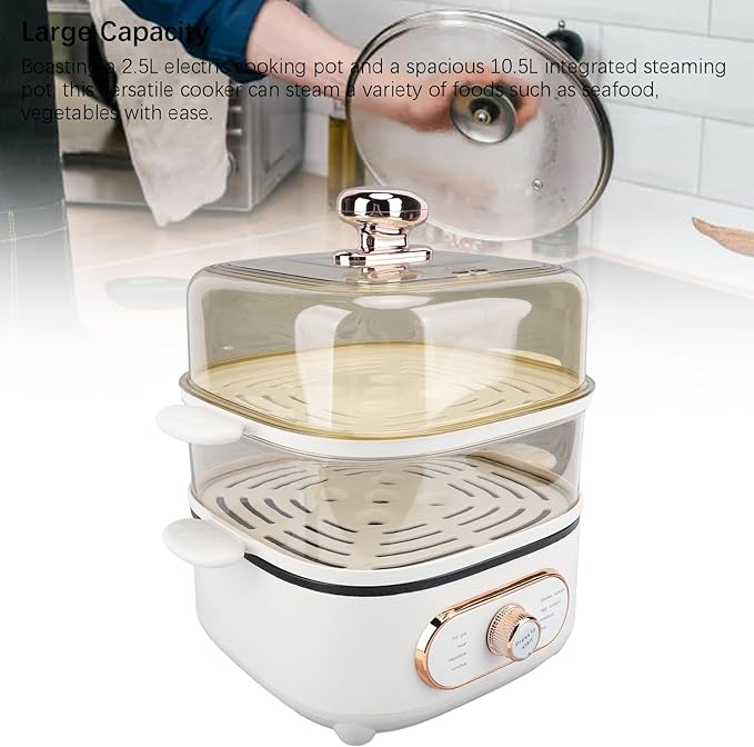 1200W 10.5L 2 Tier Electric Steam Pot Cooker with Steaming Plate, Efficiently Cooks and Steams Seafood, Vegetables, and Meat, Ideal for Noodles, Porridge, Slow Cooking (US Plug