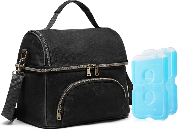 Lunch Box with Ice Packs, Waxed Canvas Lunch Bag for Men, 10.5L Leakproof Insulated Lunch Cooler for Men Work, Dual Compartment Soft Cooler for Work, Camping, Beach & Road Trips