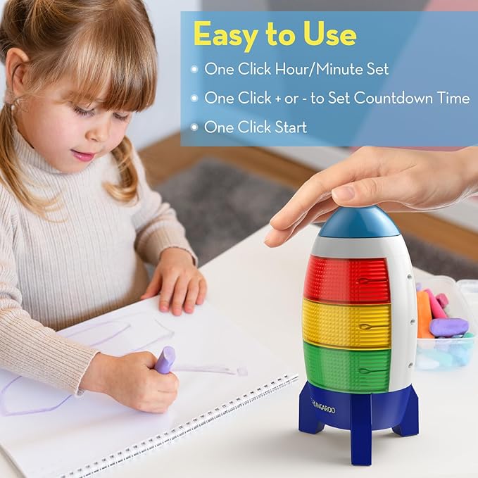 Ted Kangaroo Countdown Timer! Blast Off Visual Timer for Kids with Audio Rocket, 0-24 Hour Countdown, Memory Function, Red Yellow Green Light, Easy Setup, Battery Operated for Classroom and Home Use
