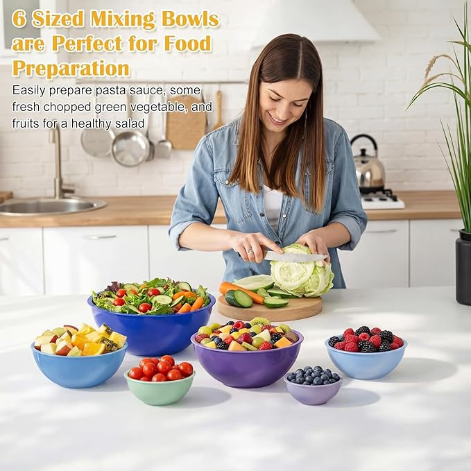 LemonRoad 6 Pcs Plastic Mixing Bowl Set with Lids Colorful Serving Bowl Nesting Storage Bowls for Kitchen, Baking, Prepping, Cooking and Serving Food, Dishwasher & Microwave Safe (Dark Blue)
