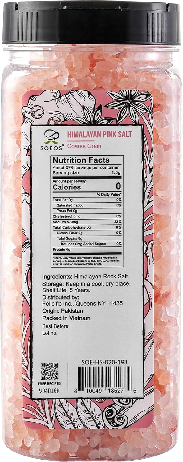 Soeos Himalayan Salt - Coarse Grain, 20 oz, Himalayan Pink Salt, Pure Rock Salt for Grinders and Salt Mills, Kosher & Natural Certified, Healthy
