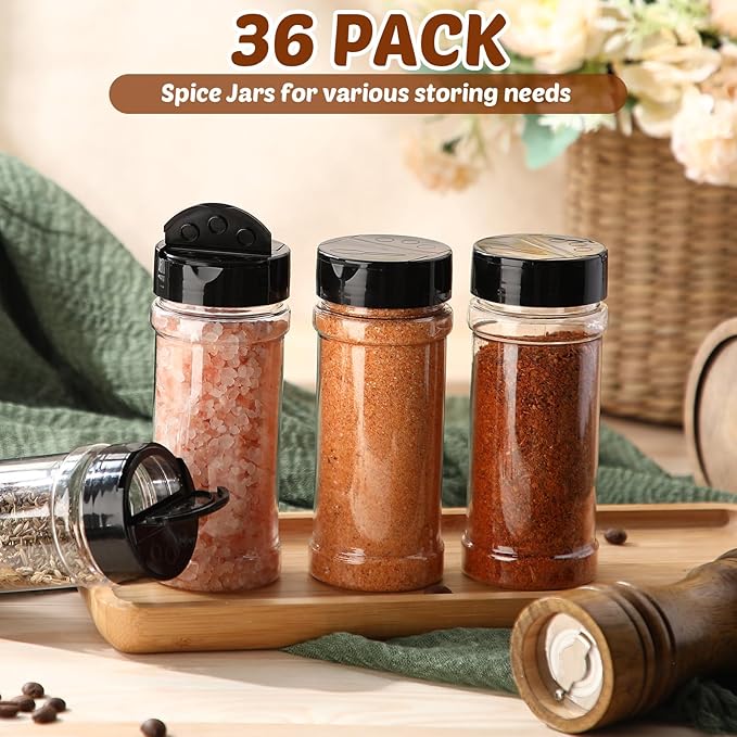 Jadive 36 Pcs Plastic Spice Jars with Shaker Lids Clear Spice Bottles Plastic Seasoning Containers Empty Shaker for Kitchen Storing Herbs Seasoning Powders Pepper Dry Goods (8.5 oz,Black)