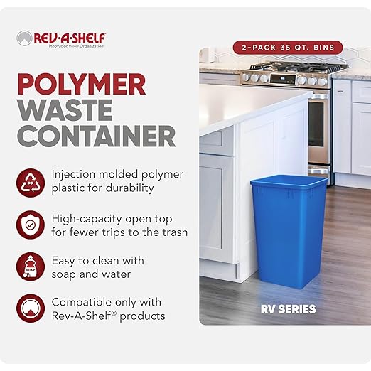 Rev-A-Shelf Polymer Replacement 35 Quart Trash Bin Recycle Waste Garbage Container for Kitchen Cabinet Pullouts, Blue, 2 Pack, RV-35-22-2