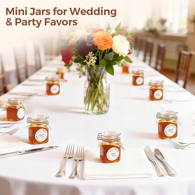 ComSaf Set of 12 Square Glass Spice Jars with Airtight Lids (4 Oz), Mini Favor Jars with Wire Clamp for Honey, Herbs & Farmhouse Kitchen Pantry Organization, with Funnel & Labels