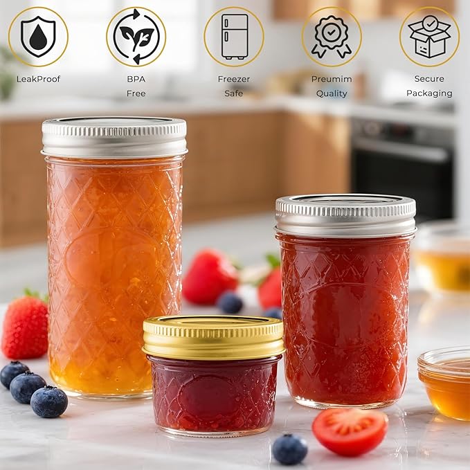 CycleMore 24 Pack Glass Mason Jars, Canning Jars With Bands & Lids, Ideal for Jam, Honey, Wedding/Shower Favors, Spice Jars & DIY - 4 OZ x 8, 8 OZ x 8, 12 OZ x 8 (4oz -8oz-12oz)