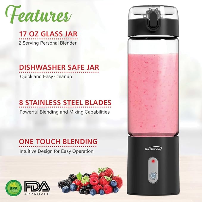 Brentwood 50-Watt 17-Oz. Portable Battery-Operated USB-Chargeable Glass Blender (Black)