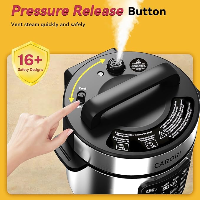 CARORI Electric Pressure Cooker 6 Quart Silver, Non-stick Pot, 9-in-1 Instant Pot, 12 Preset Functions with Touchscreen, Safe Steam Release, Stew, Slow Cook, Rice, Sauté, Warmer