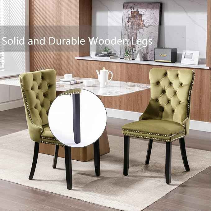 Velvet Dining Chairs Set of 2, Upholstered Dining Room Chairs with Back Ring Pull Trim and Solid Wood Legs,Tufted Wingback Kitchen Chairs for Dining Room,Living Room,Kitchen(Olive Green)