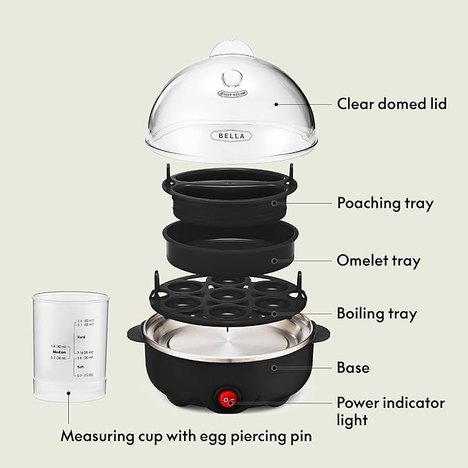 BELLA Egg Cooker, Rapid Boiler & Poacher, Meal Prep Essential, Family Sized Meals: Make Up To 7 Large Boiled Eggs, Dishwasher Safe Lid with Cool-Touch Handles, Poaching Tray Included, Black