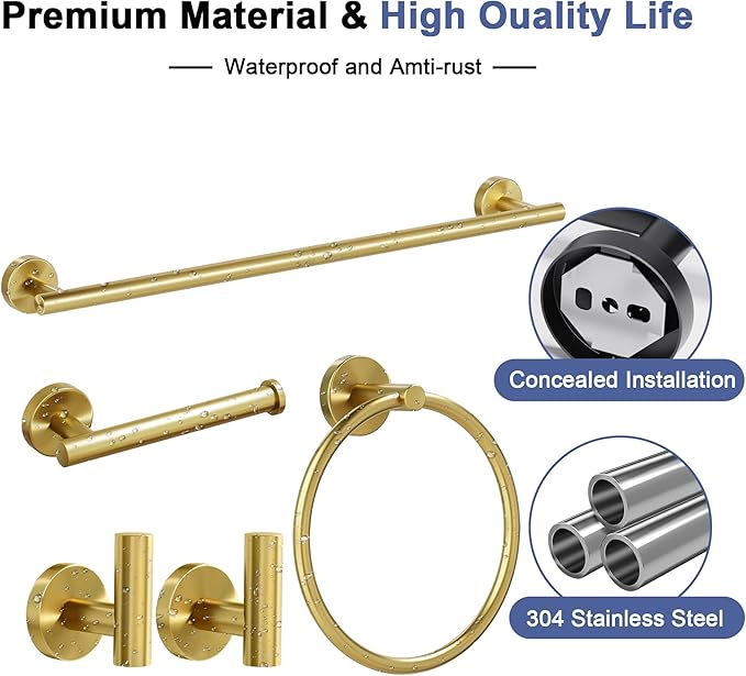 Brushed Gold Bathroom Hardware Set, 24 Inch SUS304 Stainless Steel Bath Towel Bar Set, Bathroom Accessories Set, Towel Rack, Towel Ring, Toilet Paper Holder, Robe Towel Hooks, 5-Pieces