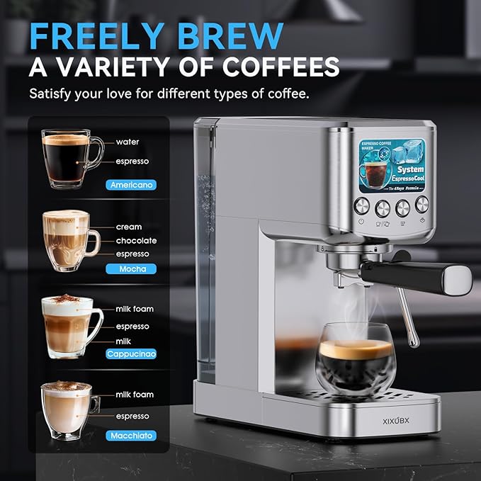 XIXUBX Espresso Machine 20 Bar with Milk Frother, Stainless Steel Coffee Maker with 42 oz Removable Water Tank for Cappuccino, Latte&Cold Brew, Home&Office, Silver