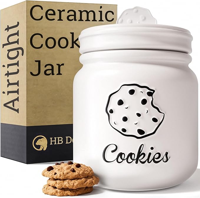 HB Design Co. Cookie Jar with Airtight Lid - 6" D x 8" H Matte White Ceramic Cookie Jar with Rubber Lined Lid - Large Cookie Jars with Lids Airtight - Farmhouse Cookies Jar for Kitchen Counter