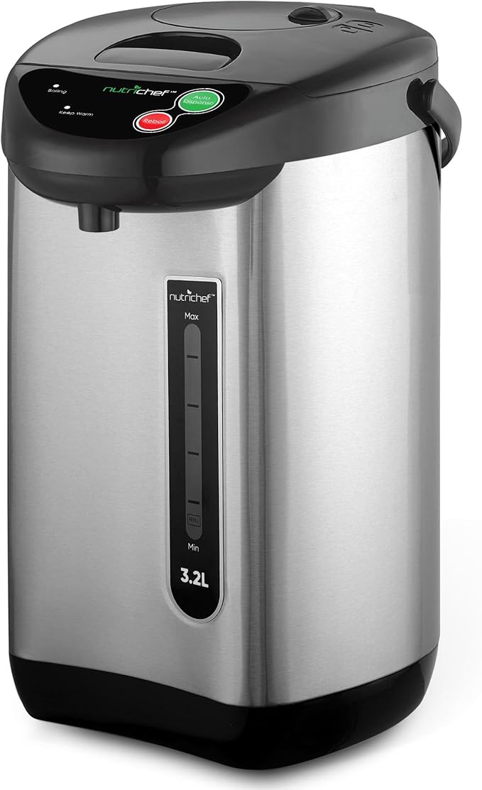 NutriChef Hot Water Urn Pot Insulated Stainless Steel,Auto & Manual Dispense,Auto Boiler,Safety Lock Shutoff 3.38 QT /3.2L - Auto Boiler Shut Off - PKWK43