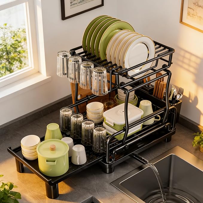 Large 2-Tier Expandable Dish Drying Rack, Heavy Duty Kitchen Countertop Dish Drainer Organizer with Utensil Holder, Extendable Space Saving Plate Storage Rack for Kitchen Sink Counter, Black