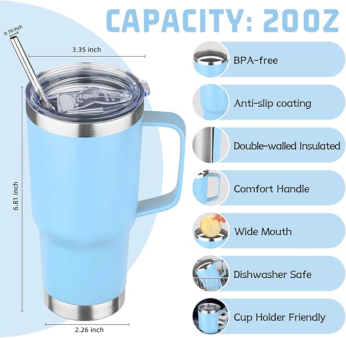 20oz Stainless Steel Insulated Tumbler with Handle and Lid, Double Wall Vacuum Insulated Coffee Mug, Leak Proof Travel Mug, Hot and Cold Drink, Mix Color-7
