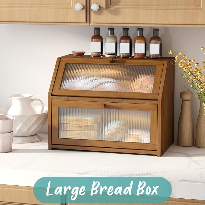 Bread Box for Kitchen Counter, Large Bamboo Wood Double Layer Bread Box, Wooden Bread Storage Capacity