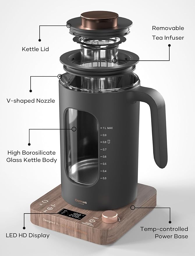 Electric Tea Kettle, INTASTING Glass Electric Kettle with tea Infuser and Precise knob temperature control, 1200W Fast Heating, BPA-Free, Easy to Clean, 1 Liter (Wood)