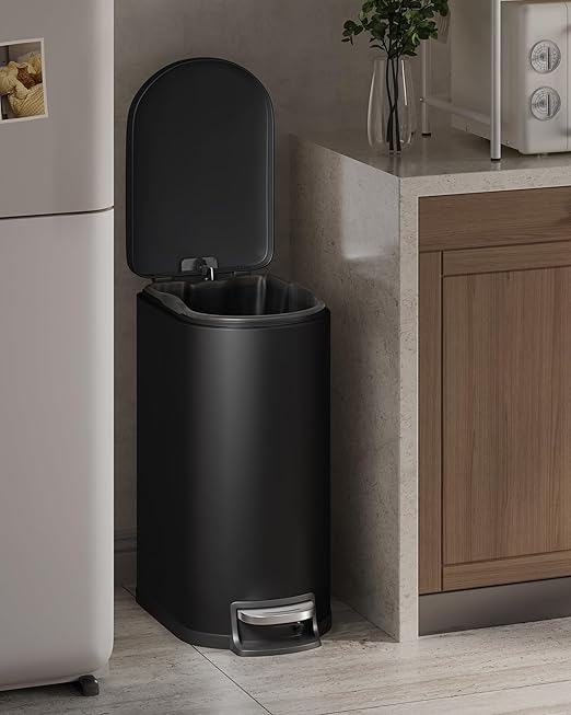 GarveeHome 13 Gal / 50 L Stainless Steel Kitchen Trash Can with Lid, Slim Step-On Garbage Bin, Large Rustproof Metal Trash Can with Soft Close, Inner Bucket & Rear Handle, Black