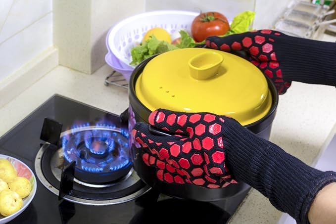 J H Heat Resistant Oven Glove:EN407 Certified 932 °F, 2 Layers Silicone Coating, Oven Mitts for Cooking, Kitchen, Fireplace,Camping, Grilling (Black/Red, Extra Long Cuff (Upgrade Comfortable FIT))