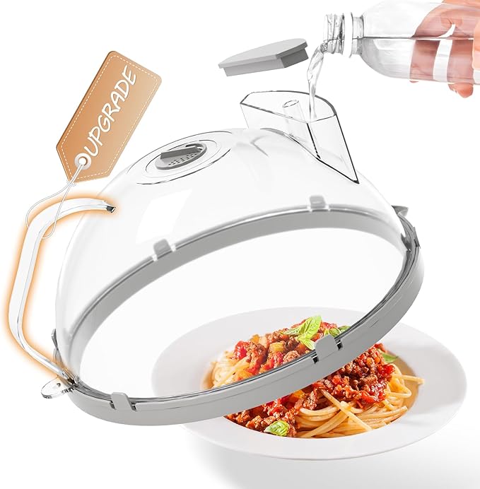 10" Microwave Splatter Cover with Water Steamer, Microwave Cover for Food, Dome Splatter Guard with Hanging Hole, Easy Clean & Space Saving Hanging Design, Grey
