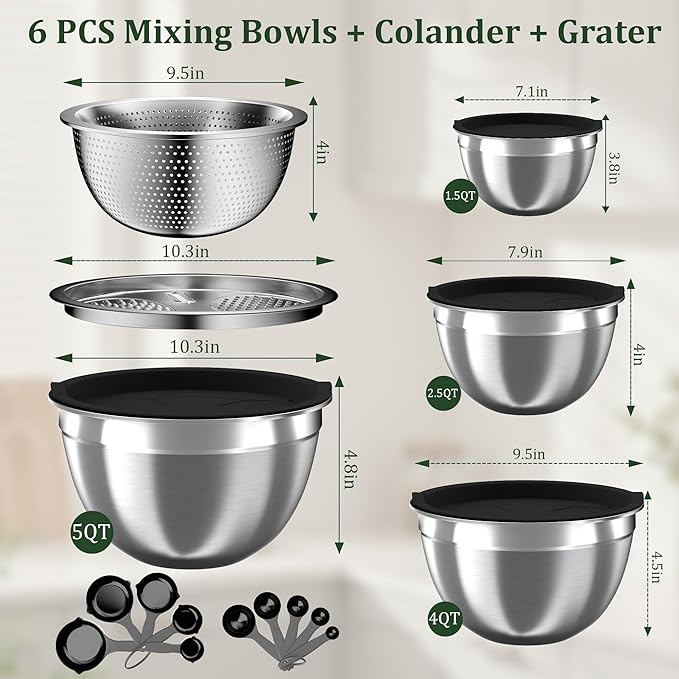 Nicdiet Mixing Bowls with Lids Set, 16PCS Stainless Steel Mixing Bowls,Nesting Storage Bowls for Kitchen with Mixing Bowl, Colander, Strainer & Grater, Metal Salad Bowl for Kitchen Gadgets, Black