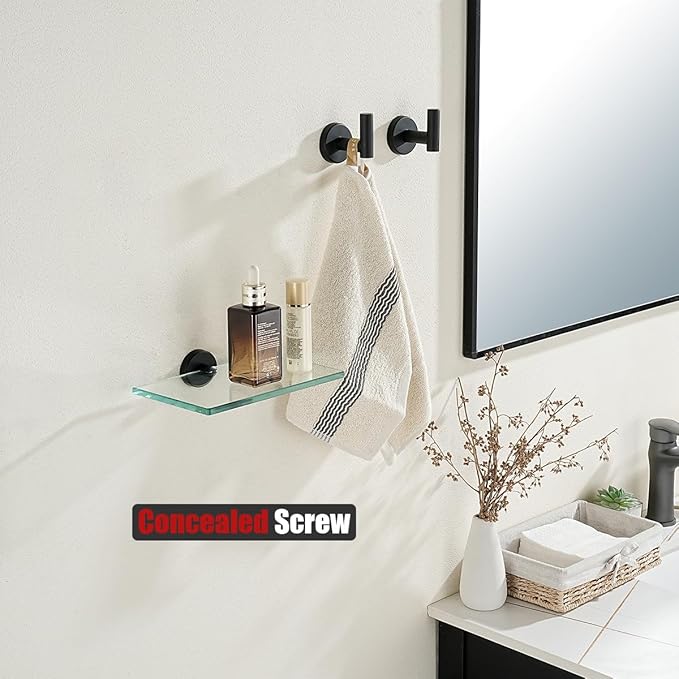 JQK Bathroom Glass Shelf Black, Tempered Glass Shower Storage 8 by 5 inches, 304 Stainless Steel Matte Black Wall Mount 2 Pack, TGS101L8-PB-P2
