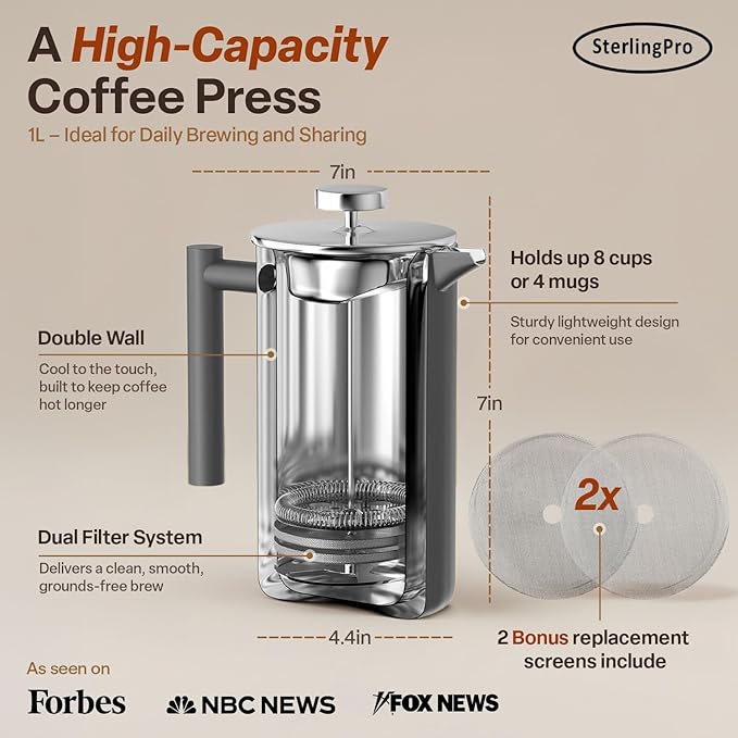 SterlingPro Stainless Steel French Press Coffee Maker 1 L (34 oz) Grey – Double Walled Insulated Large Coffee Press, Durable Design Keeps Drinks Hot, Easy to Use and Clean for Rich Flavor Brewing