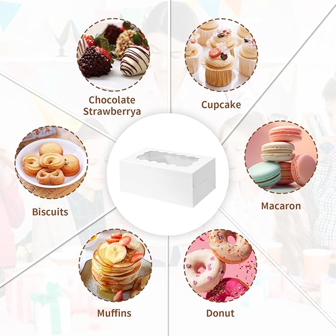 Bento Cake Box With Cupcakes, Clear Window 5 Holes Bento Combination,12 Sets: Cookie Boxes Fit 4 Regular Cupcake and Mini Cakes, Christmas Wedding Birthday Party (White/clear, 1+4/12pcs)