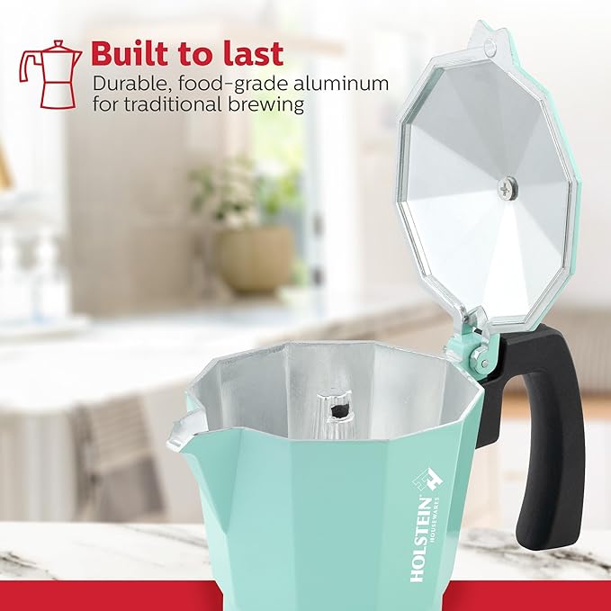 Holstein Housewares - 6 Cup Aluminum Stovetop Espresso Maker and Moka Pot - Great Tasting Traditional Espresso Coffee, Italian and Cuban Café Brewing in Minutes, Mint
