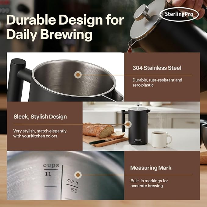 SterlingPro Stainless Steel French Press Coffee Maker 1.5 L (51 oz) Black – Double Walled Insulated Large Coffee Press, Durable Design Keeps Drinks Hot, Easy to Use and Clean for Rich Flavor Brewing
