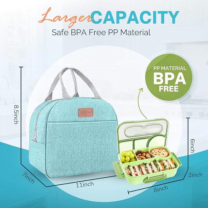 EASYFUN Bento Lunch Box Set Bento Box, 4-Compartment Lunch Containers,High Capacity Lunch Tote Bags for Work, Travel, Outdoor (Green)